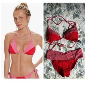ViX Firenze Colorblock Red Pink Tri Top L Beta Bottoms M Bikini Set